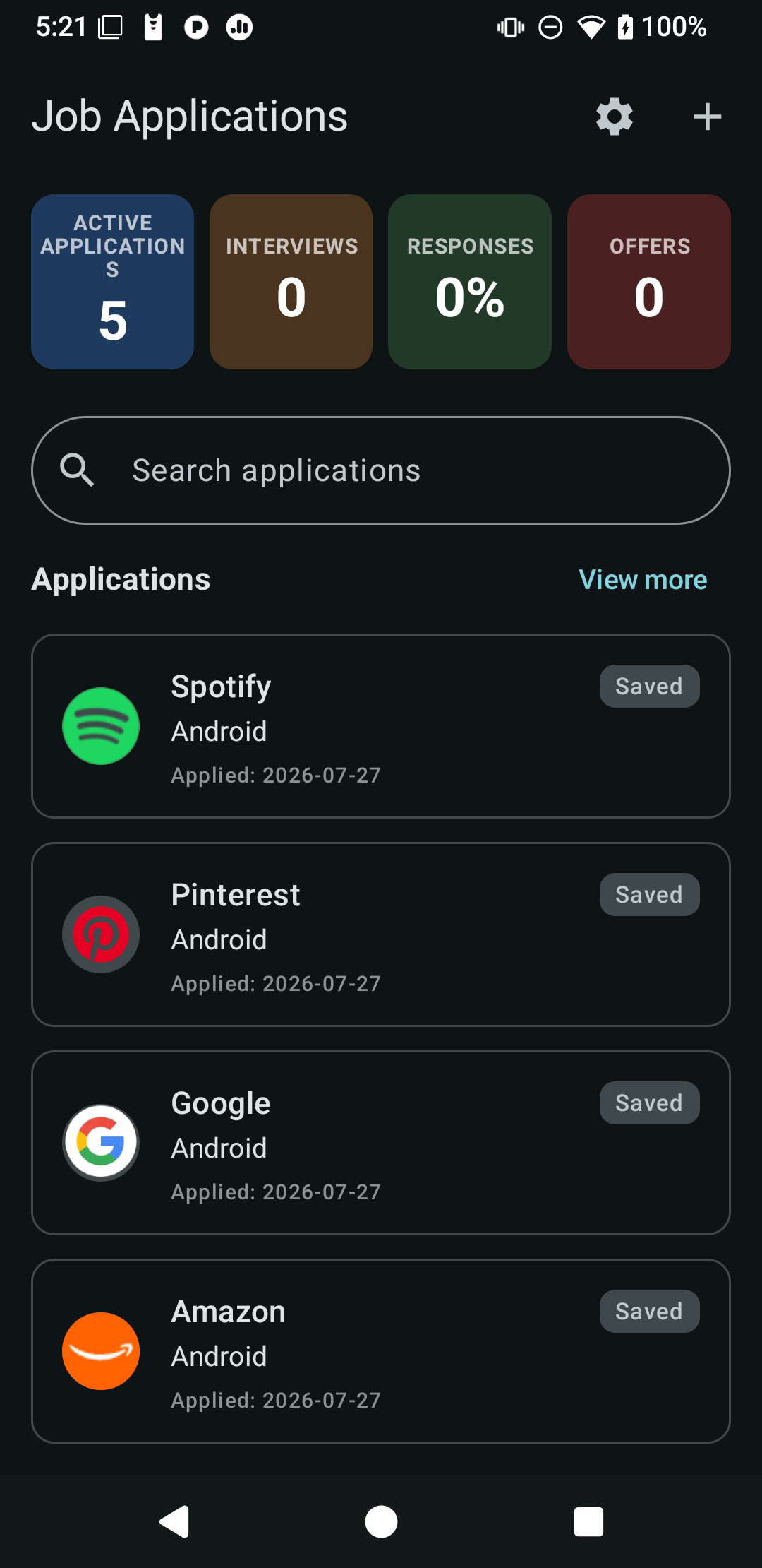 JobTracker dashboard showing application metrics, search, and a list of saved job applications