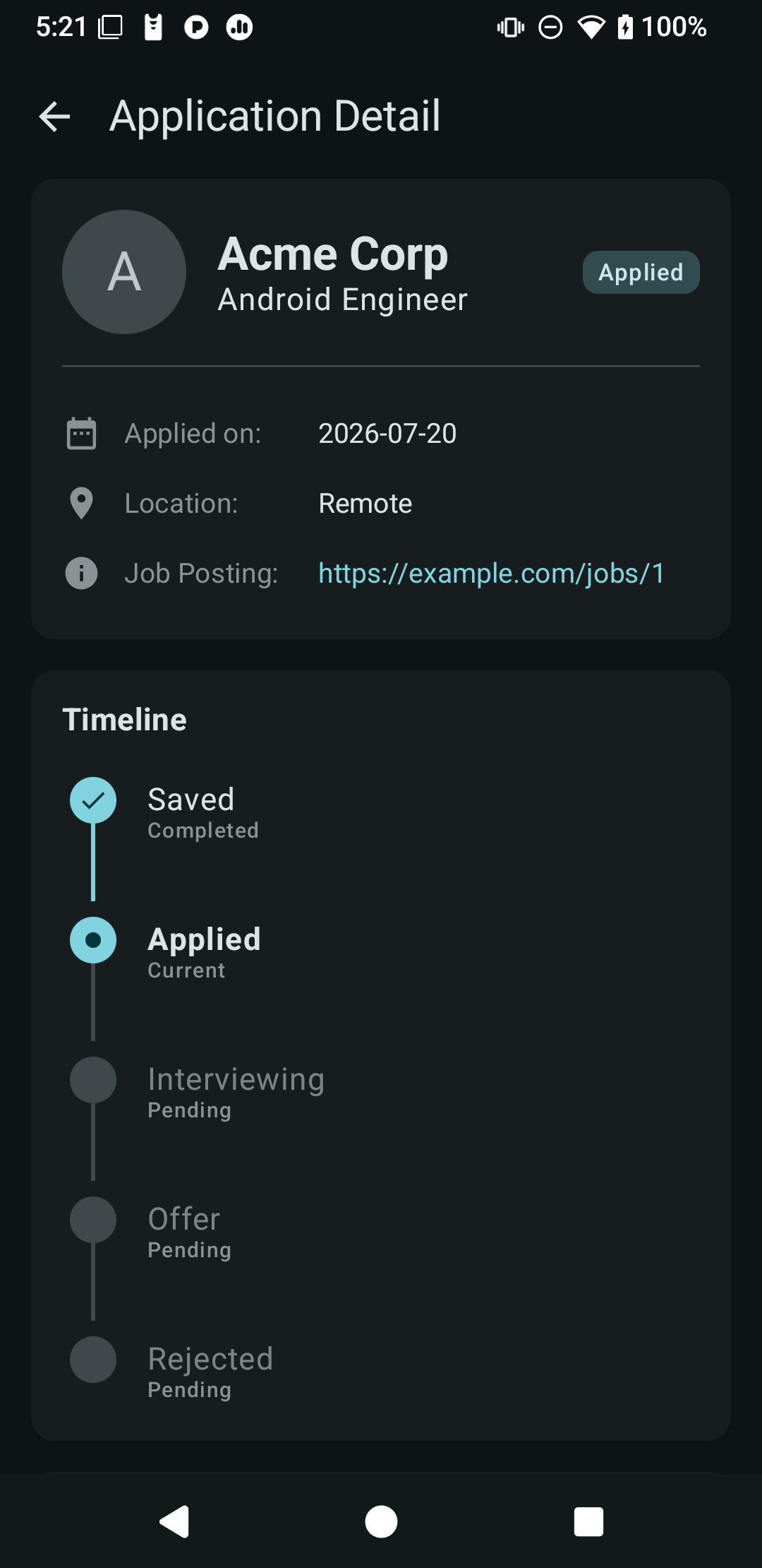 JobTracker application detail screen showing job information and application progress timeline